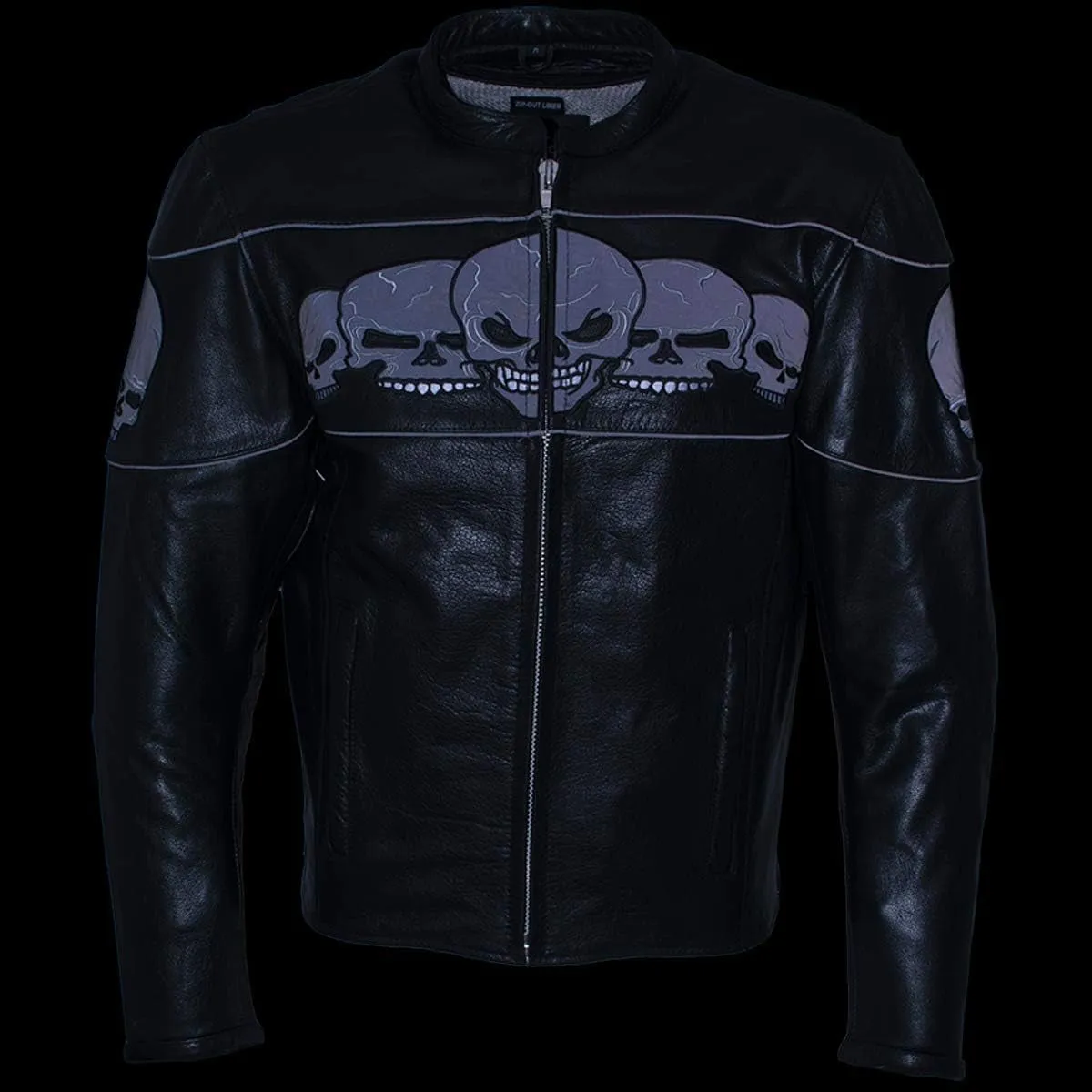 3 Skull Head Black Leather Motorcycle Jacket with X-Armor Protection