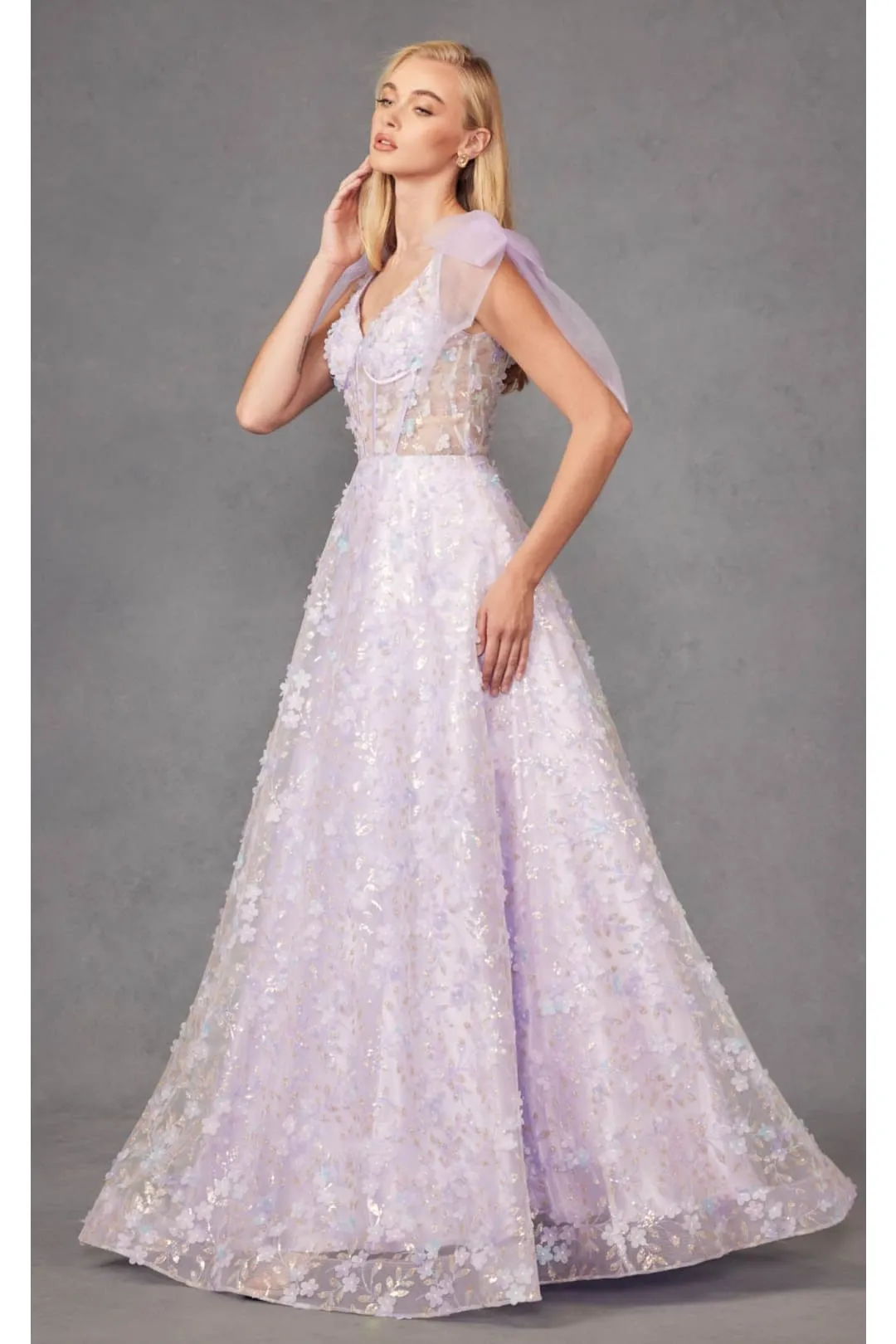3D Floral Glitter Sleeveless A-line Gown by Juliet JT2439K