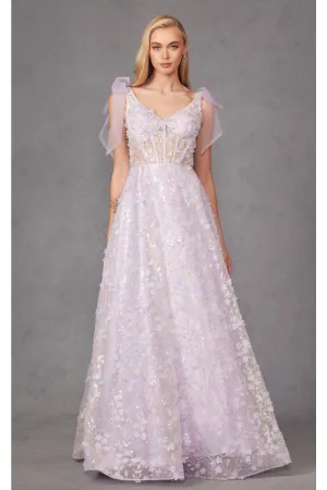 3D Floral Glitter Sleeveless A-line Gown by Juliet JT2439K