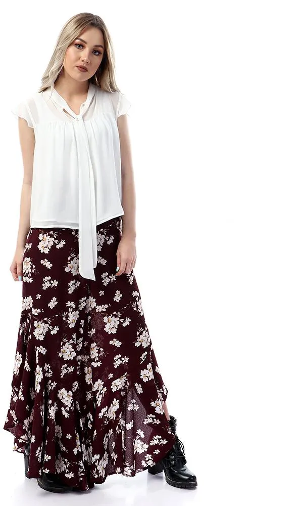 57124 Simple Cape Sleeves Lace Up Neck White Blouse