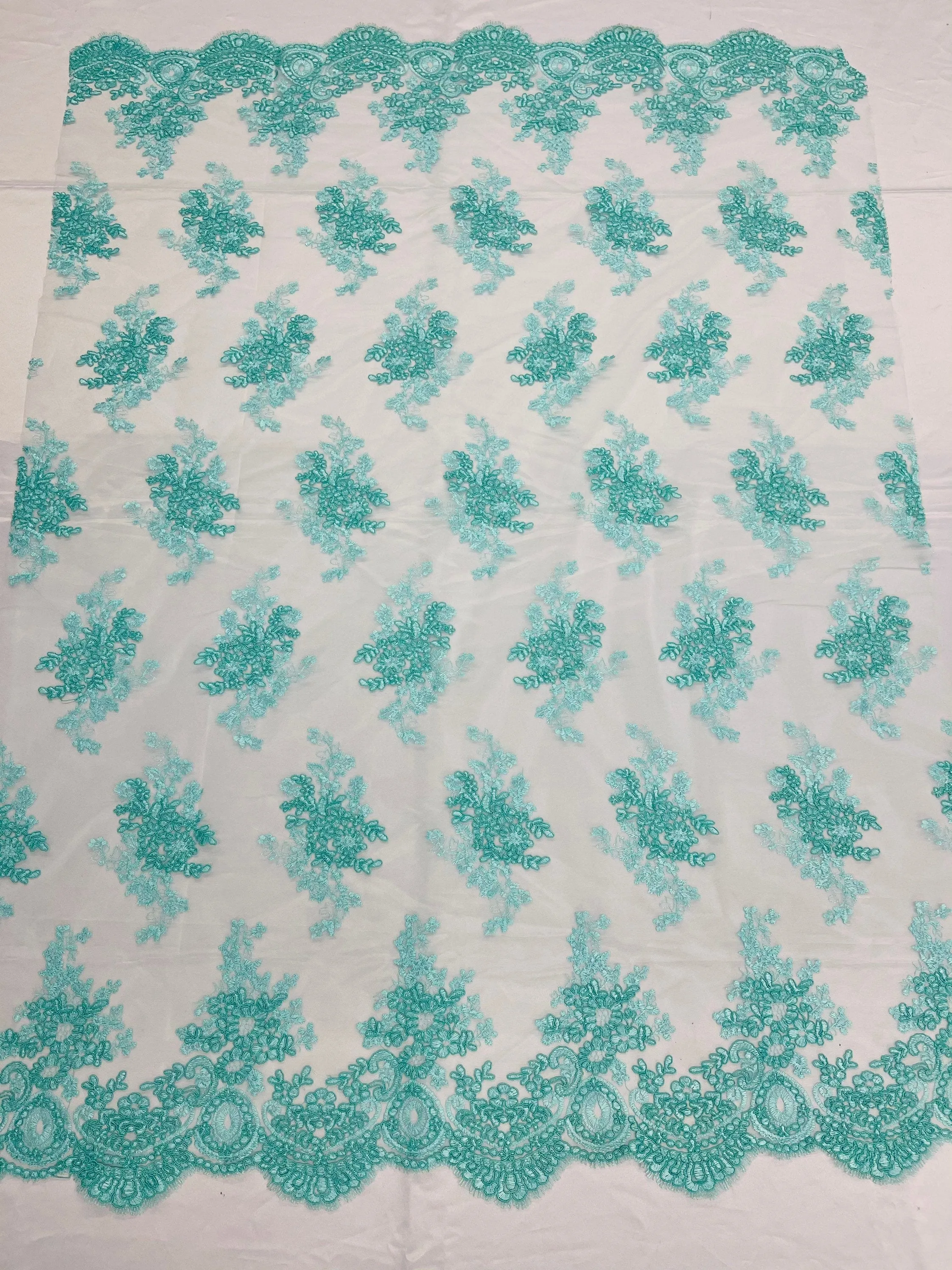 Aqua Floral Lace Fabric, Embroidery on a Mesh Lace Fabric By The Yard For Gown, Wedding-Bridal-Dress