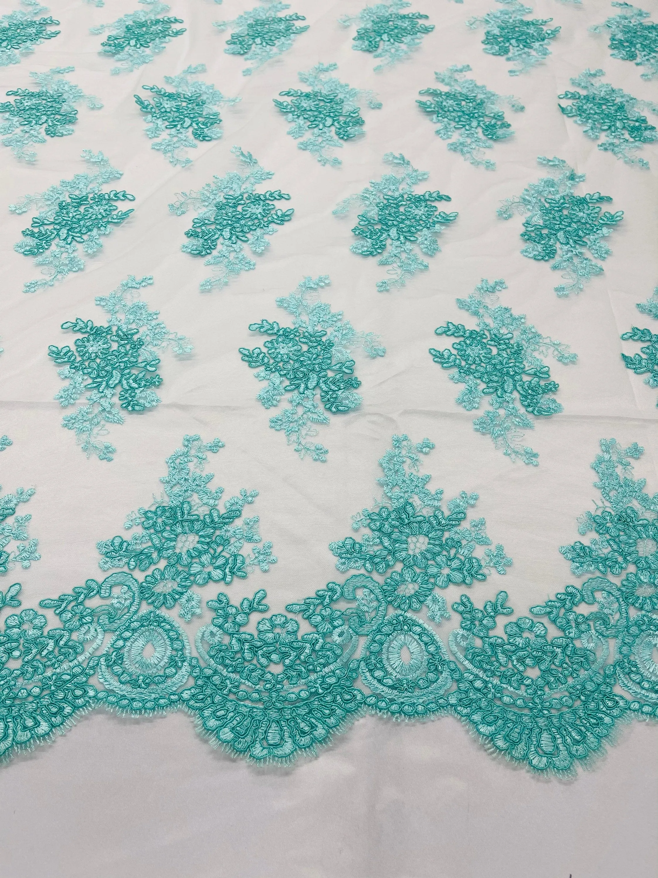 Aqua Floral Lace Fabric, Embroidery on a Mesh Lace Fabric By The Yard For Gown, Wedding-Bridal-Dress