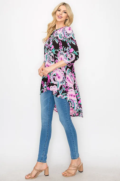 BLACK PAISLEY PRINT 3/4 SLEEVES HI-LOW PLUS SIZE KNIT TOP B3207AX