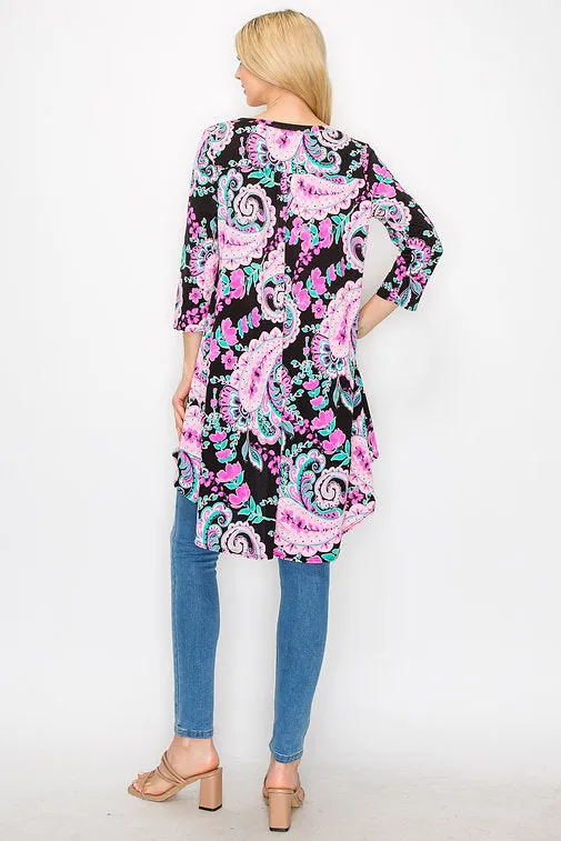 BLACK PAISLEY PRINT 3/4 SLEEVES HI-LOW PLUS SIZE KNIT TOP B3207AX