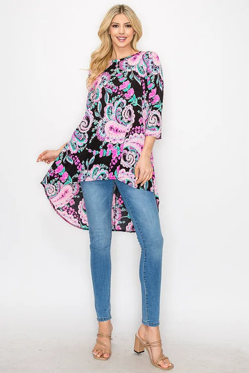 BLACK PAISLEY PRINT 3/4 SLEEVES HI-LOW PLUS SIZE KNIT TOP B3207AX