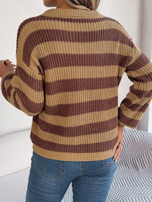 Bohemian Stripe Lapel Collar Knit Pullover Sweater