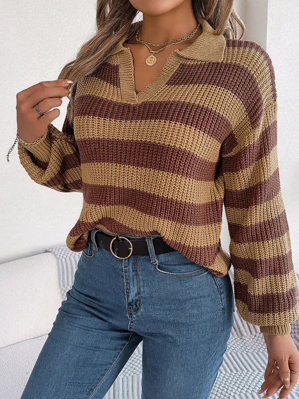 Bohemian Stripe Lapel Collar Knit Pullover Sweater