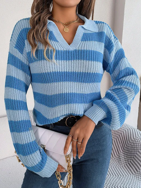 Bohemian Stripe Lapel Collar Knit Pullover Sweater