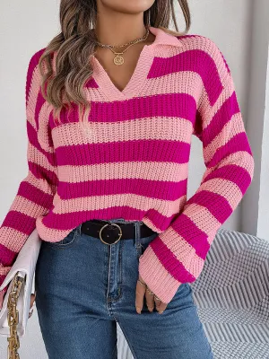 Bohemian Stripe Lapel Collar Knit Pullover Sweater