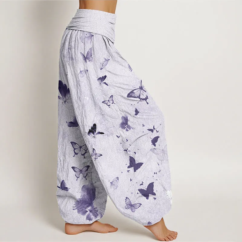 Buddha Stones Casual Butterfly Ink Painting Women's Elastic Waist Harem Pants