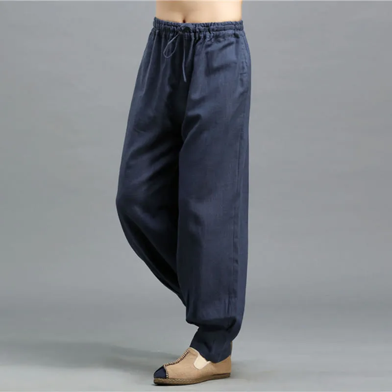 Buddha Stones Casual Plain Color Elastic Drawstring Ramie Linen Men's Pants With Pockets