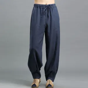 Buddha Stones Casual Plain Color Elastic Drawstring Ramie Linen Men's Pants With Pockets