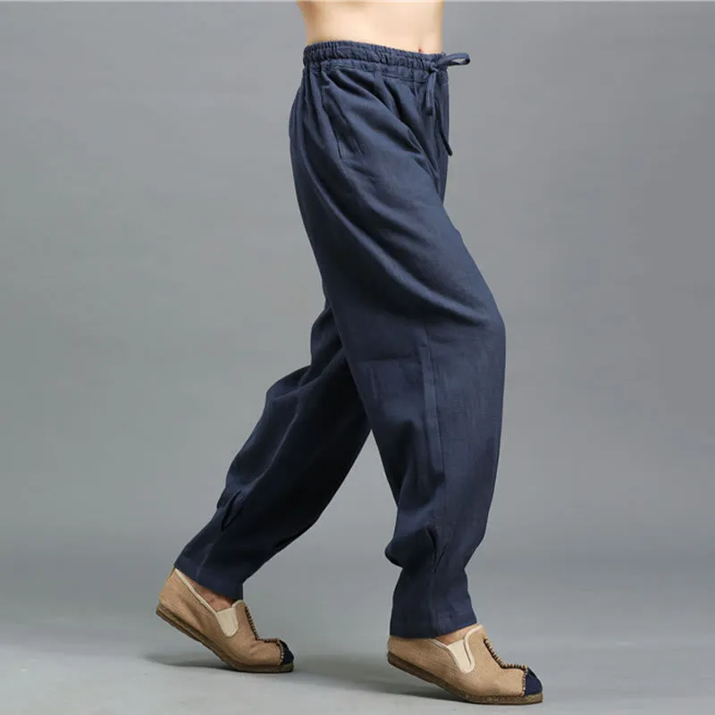 Buddha Stones Casual Plain Color Elastic Drawstring Ramie Linen Men's Pants With Pockets