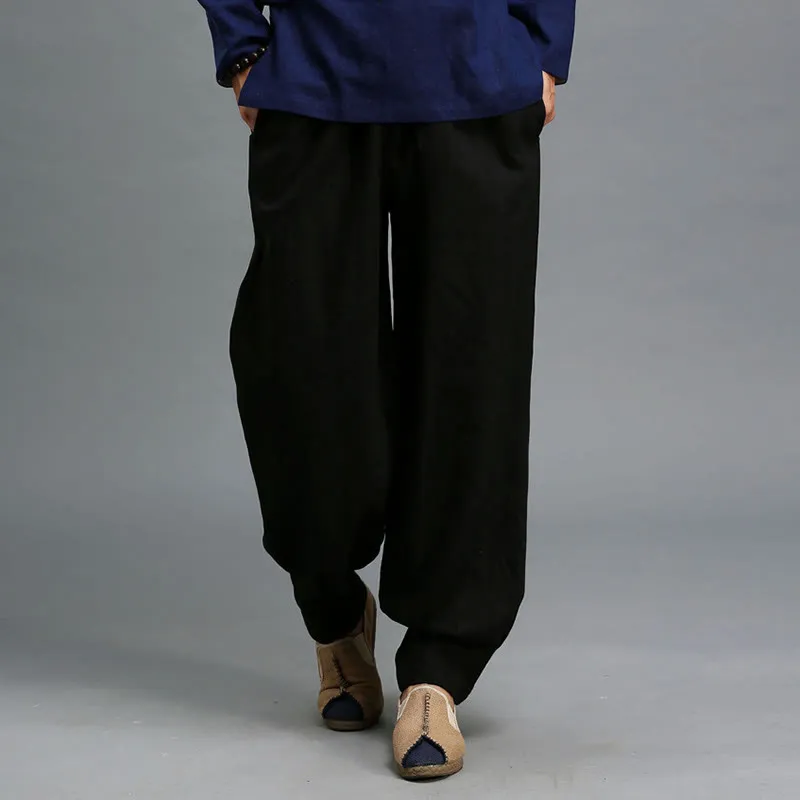 Buddha Stones Casual Plain Color Elastic Drawstring Ramie Linen Men's Pants With Pockets