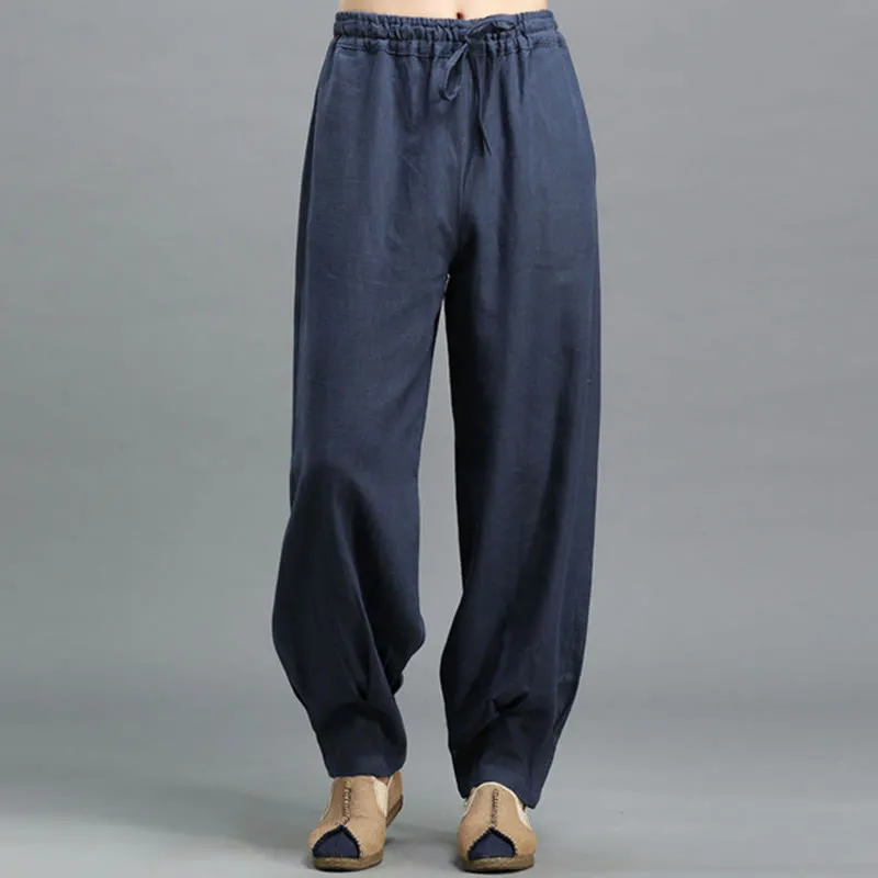 Buddha Stones Casual Plain Color Elastic Drawstring Ramie Linen Men's Pants With Pockets