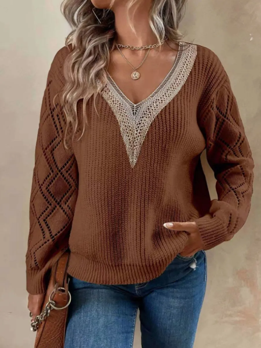 Casual Knitted Sweater with V-Neck and Lace Trim