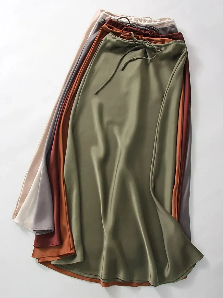 Champagne Long Skirts For Women Elegant 2024 Luxury Satin Skirt Long Beige A Line Tie Up Army Green Maxi Skirts For Women Autumn