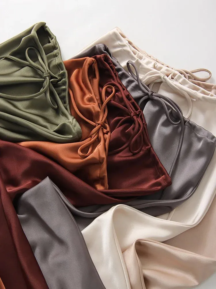 Champagne Long Skirts For Women Elegant 2024 Luxury Satin Skirt Long Beige A Line Tie Up Army Green Maxi Skirts For Women Autumn