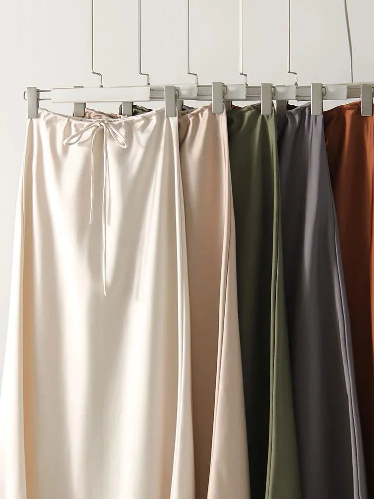 Champagne Long Skirts For Women Elegant 2024 Luxury Satin Skirt Long Beige A Line Tie Up Army Green Maxi Skirts For Women Autumn