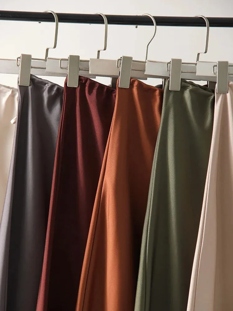 Champagne Long Skirts For Women Elegant 2024 Luxury Satin Skirt Long Beige A Line Tie Up Army Green Maxi Skirts For Women Autumn