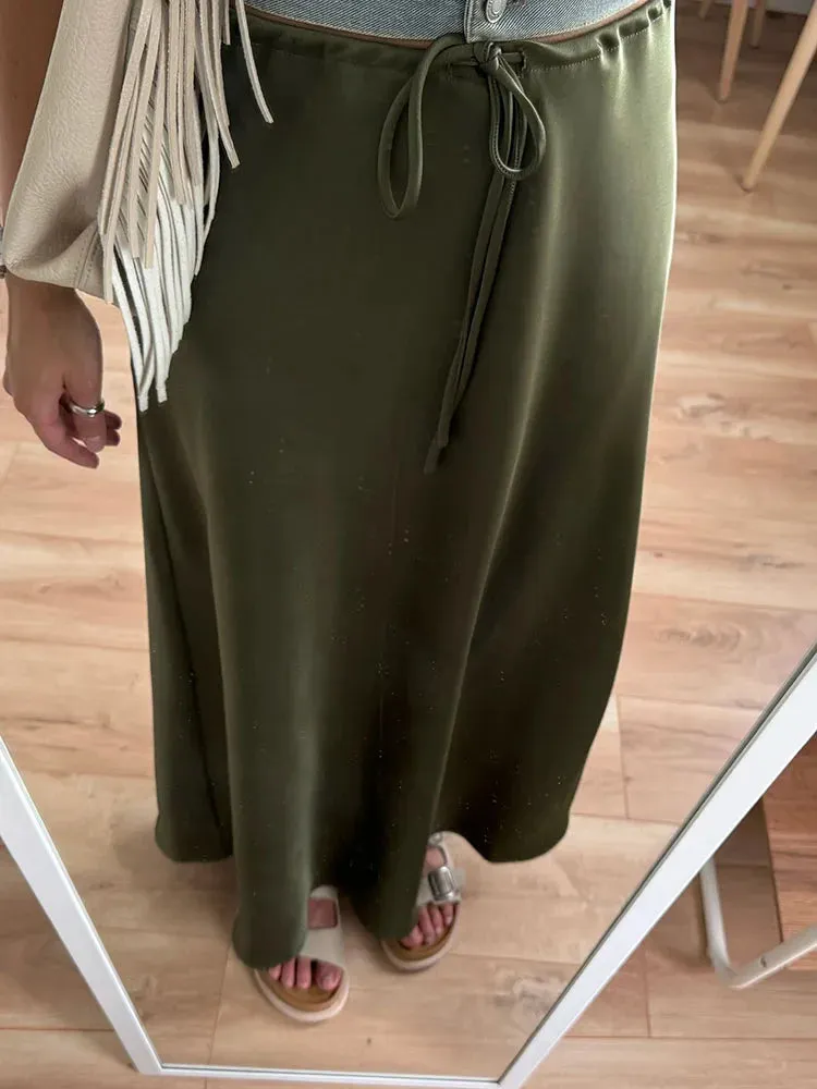 Champagne Long Skirts For Women Elegant 2024 Luxury Satin Skirt Long Beige A Line Tie Up Army Green Maxi Skirts For Women Autumn