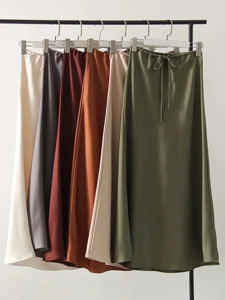 Champagne Long Skirts For Women Elegant 2024 Luxury Satin Skirt Long Beige A Line Tie Up Army Green Maxi Skirts For Women Autumn