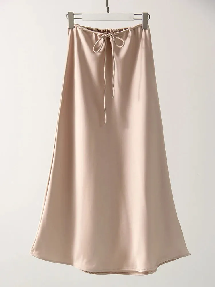 Champagne Long Skirts For Women Elegant 2024 Luxury Satin Skirt Long Beige A Line Tie Up Army Green Maxi Skirts For Women Autumn