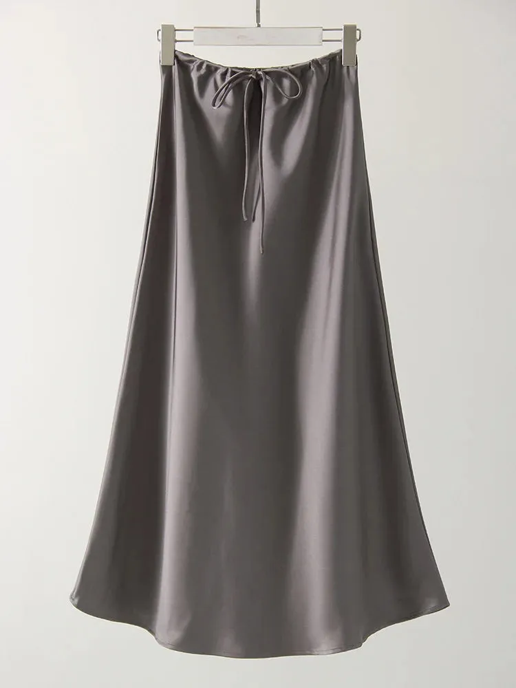 Champagne Long Skirts For Women Elegant 2024 Luxury Satin Skirt Long Beige A Line Tie Up Army Green Maxi Skirts For Women Autumn