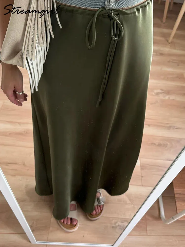Champagne Long Skirts For Women Elegant 2024 Luxury Satin Skirt Long Beige A Line Tie Up Army Green Maxi Skirts For Women Autumn