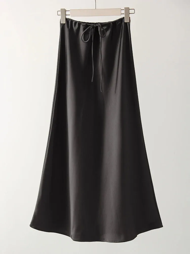 Champagne Long Skirts For Women Elegant 2024 Luxury Satin Skirt Long Beige A Line Tie Up Army Green Maxi Skirts For Women Autumn