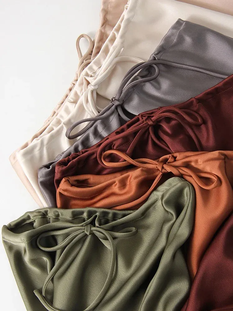 Champagne Long Skirts For Women Elegant 2024 Luxury Satin Skirt Long Beige A Line Tie Up Army Green Maxi Skirts For Women Autumn