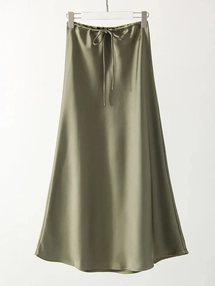 Champagne Long Skirts For Women Elegant 2024 Luxury Satin Skirt Long Beige A Line Tie Up Army Green Maxi Skirts For Women Autumn
