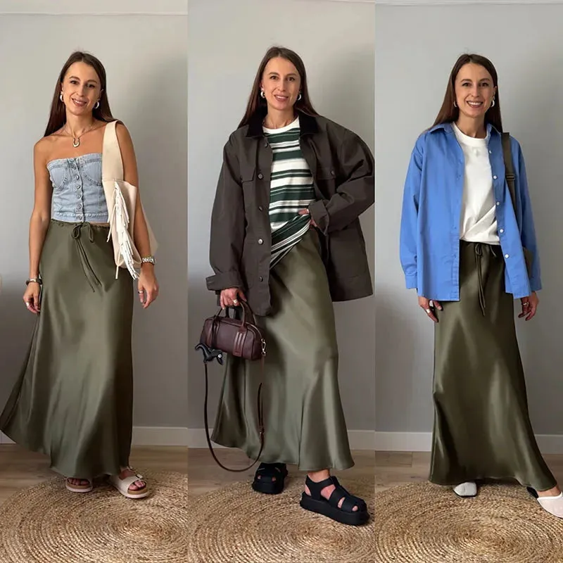 Champagne Long Skirts For Women Elegant 2024 Luxury Satin Skirt Long Beige A Line Tie Up Army Green Maxi Skirts For Women Autumn
