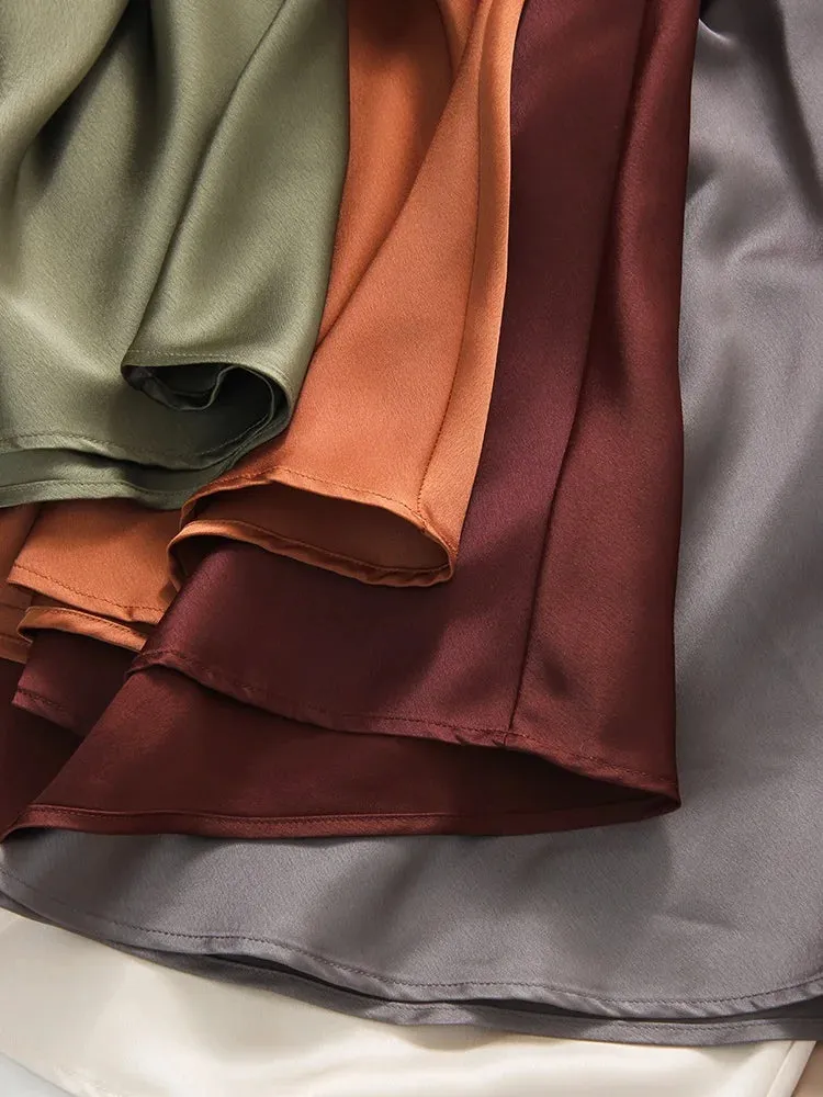 Champagne Long Skirts For Women Elegant 2024 Luxury Satin Skirt Long Beige A Line Tie Up Army Green Maxi Skirts For Women Autumn