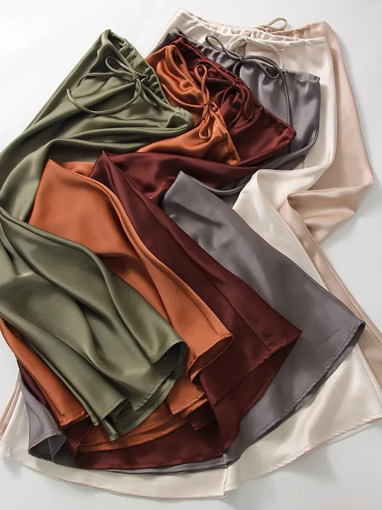 Champagne Long Skirts For Women Elegant 2024 Luxury Satin Skirt Long Beige A Line Tie Up Army Green Maxi Skirts For Women Autumn