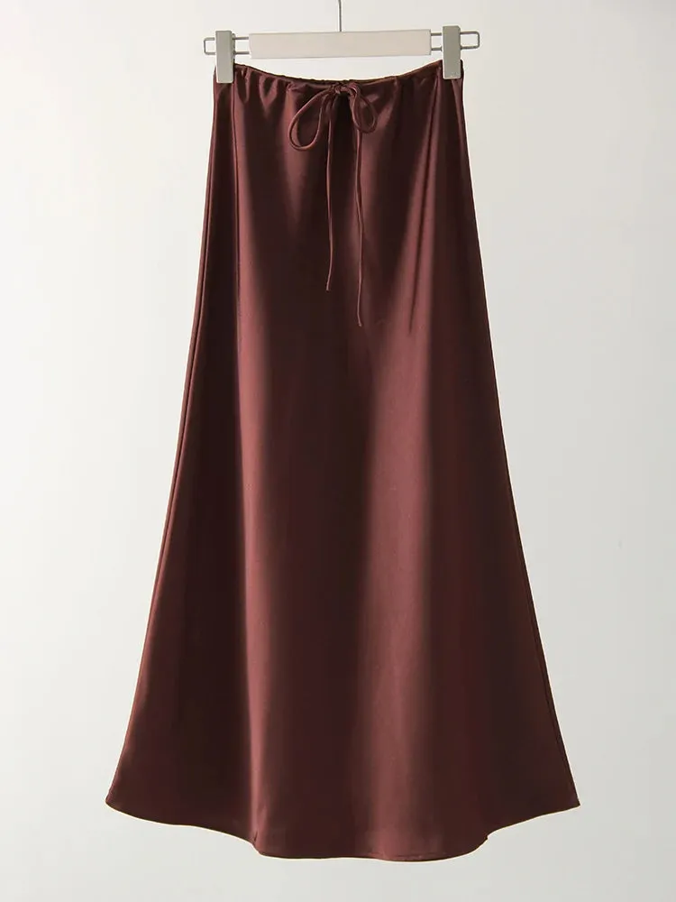 Champagne Long Skirts For Women Elegant 2024 Luxury Satin Skirt Long Beige A Line Tie Up Army Green Maxi Skirts For Women Autumn