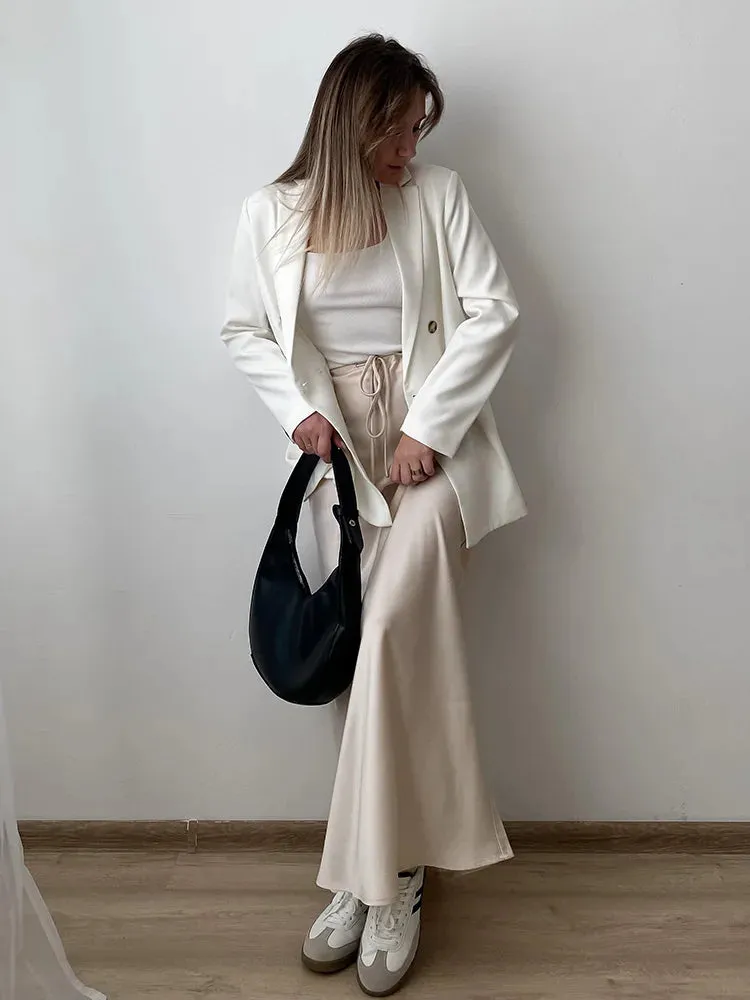 Champagne Long Skirts For Women Elegant 2024 Luxury Satin Skirt Long Beige A Line Tie Up Army Green Maxi Skirts For Women Autumn