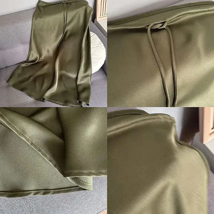 Champagne Long Skirts For Women Elegant 2024 Luxury Satin Skirt Long Beige A Line Tie Up Army Green Maxi Skirts For Women Autumn