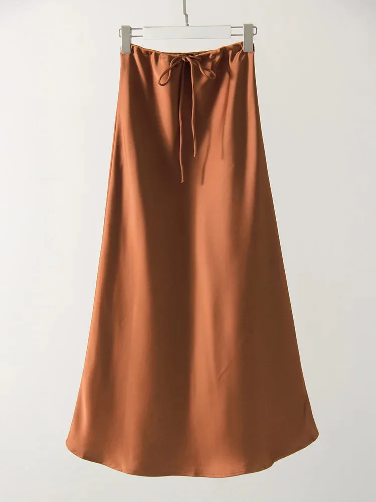 Champagne Long Skirts For Women Elegant 2024 Luxury Satin Skirt Long Beige A Line Tie Up Army Green Maxi Skirts For Women Autumn