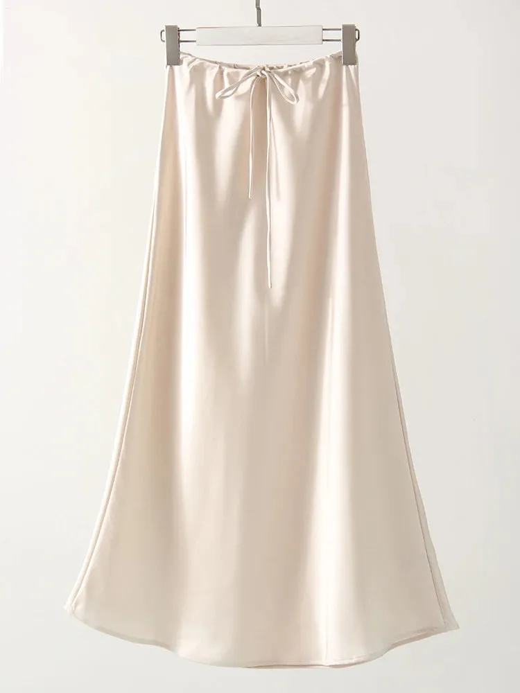 Champagne Long Skirts For Women Elegant 2024 Luxury Satin Skirt Long Beige A Line Tie Up Army Green Maxi Skirts For Women Autumn