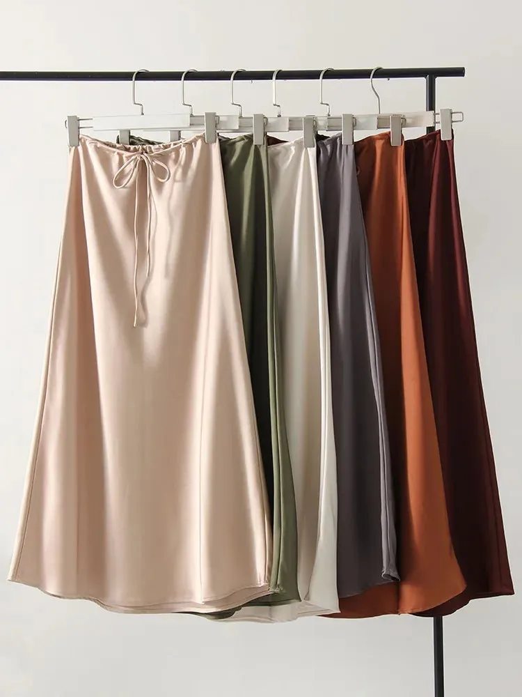 Champagne Long Skirts For Women Elegant 2024 Luxury Satin Skirt Long Beige A Line Tie Up Army Green Maxi Skirts For Women Autumn
