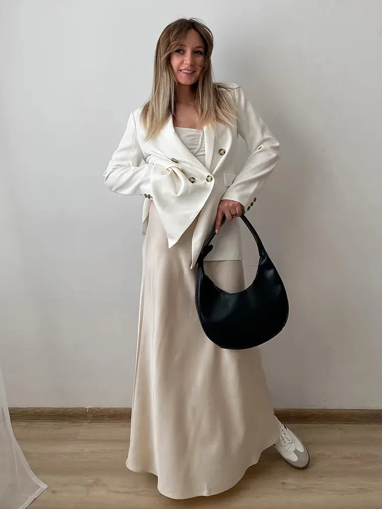 Champagne Long Skirts For Women Elegant 2024 Luxury Satin Skirt Long Beige A Line Tie Up Army Green Maxi Skirts For Women Autumn