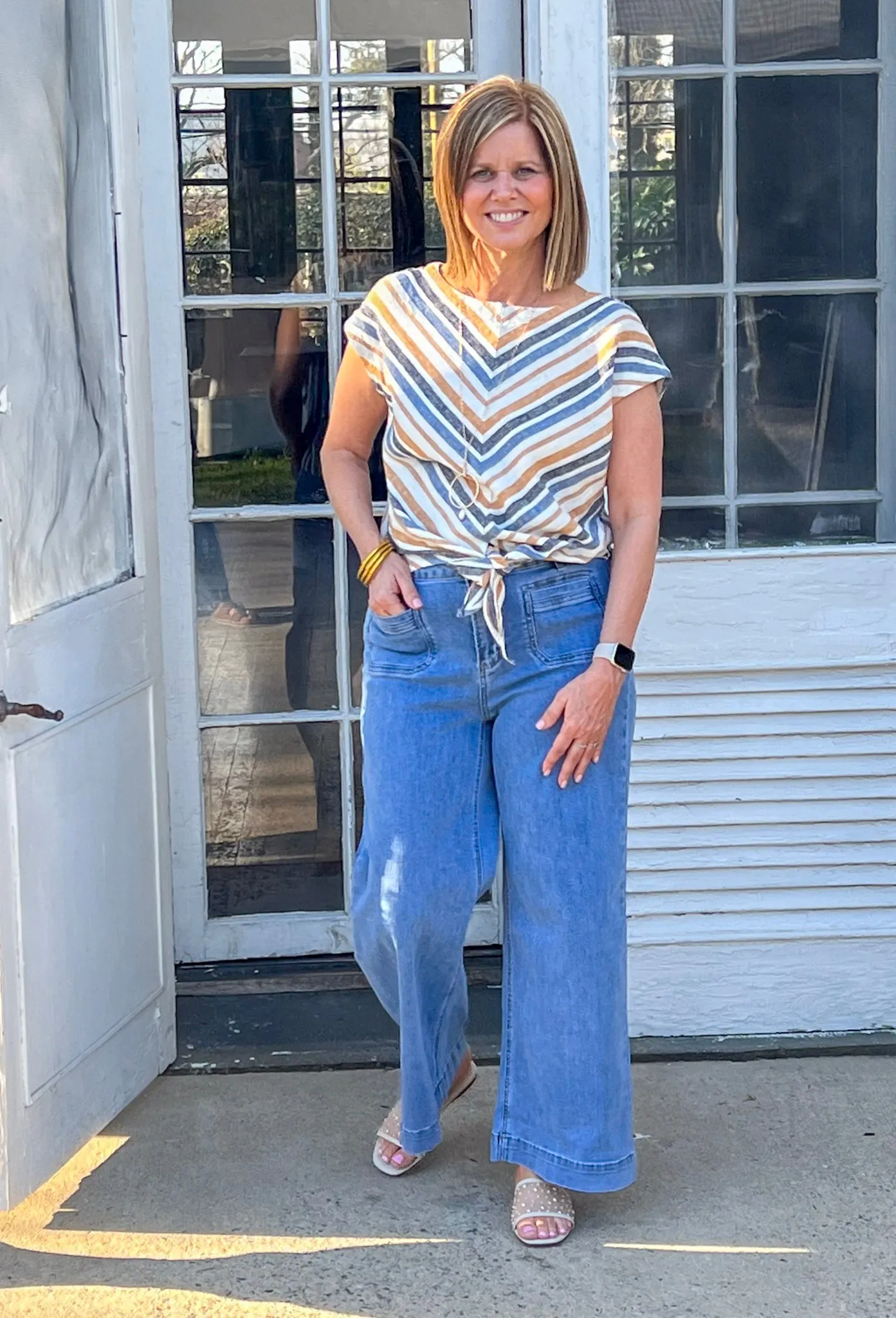 Charlie B Cropped Patch Pocket Flare Jeans