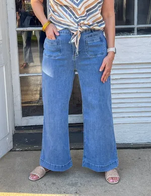 Charlie B Cropped Patch Pocket Flare Jeans