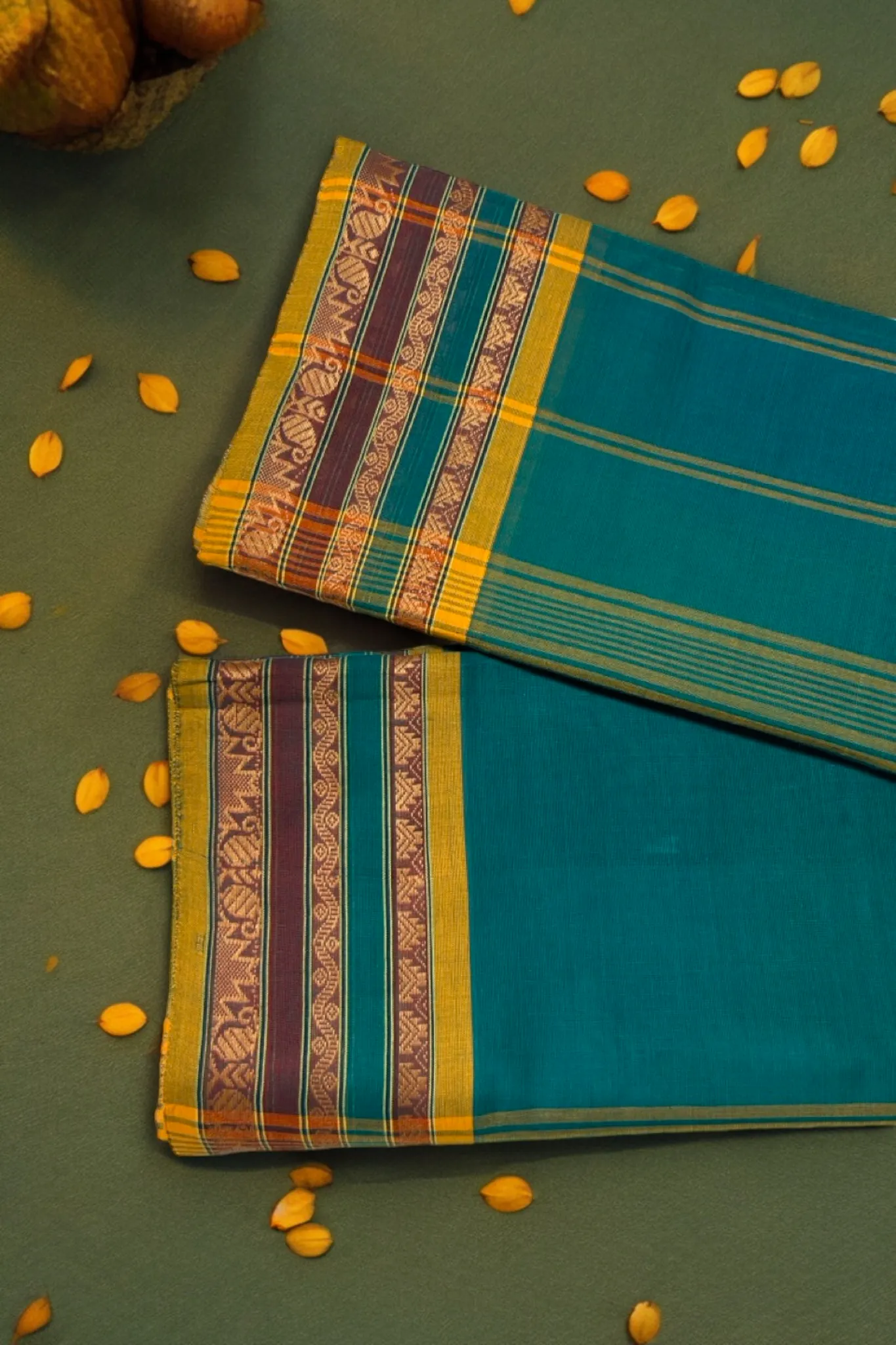 chettinad cotton saree - sea green & gold border