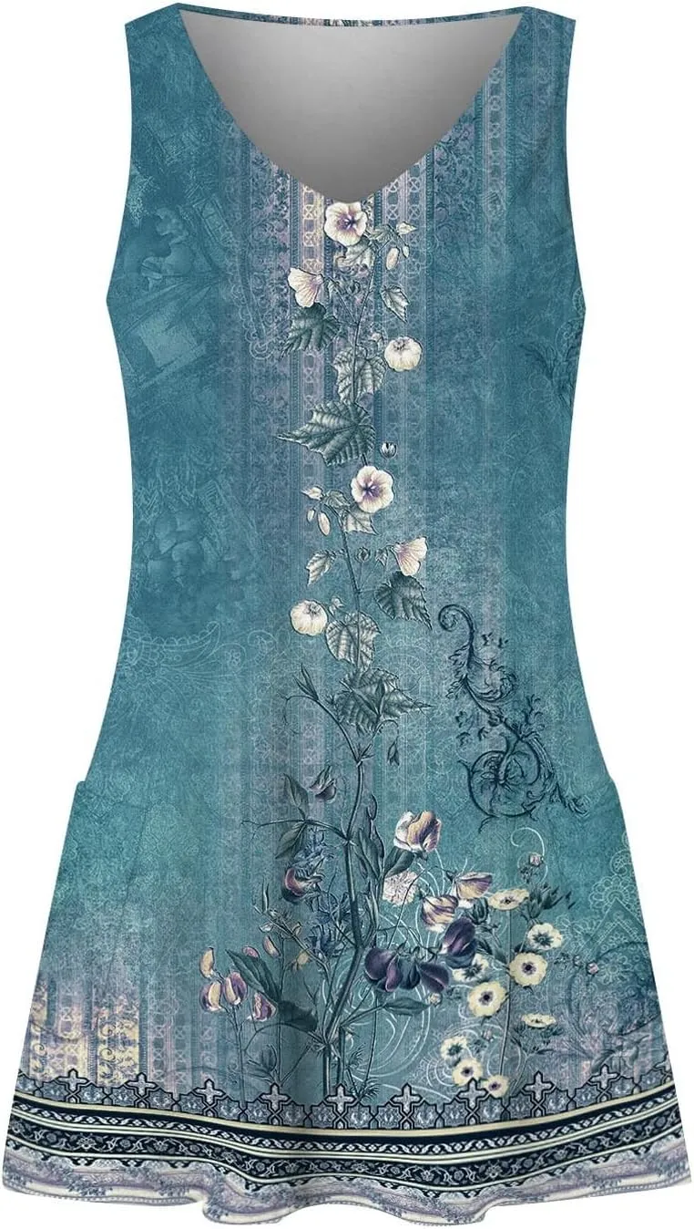 Dresses for Women 2024 Pockets Printed Tank Dresses Sleeveless V Neck Sundresses Trendy Elegant Mini Dresses
