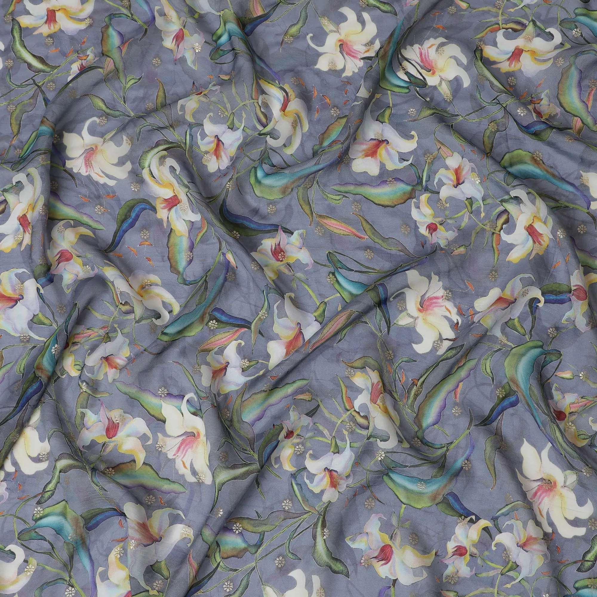 Elegant Slate Grey Synthetic Organza Fabric with Multicolor Floral Design, 110 cm Width-D19703