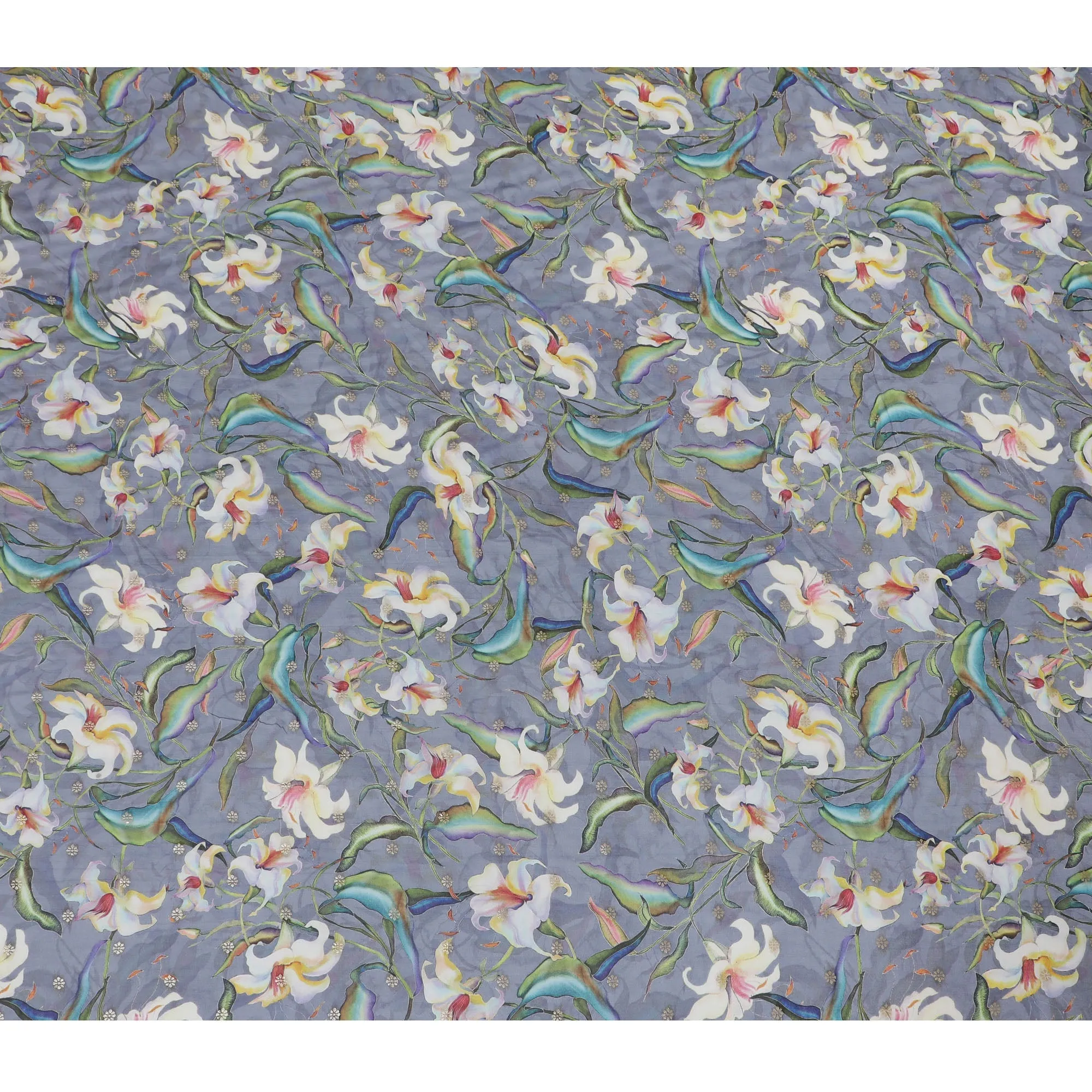 Elegant Slate Grey Synthetic Organza Fabric with Multicolor Floral Design, 110 cm Width-D19703