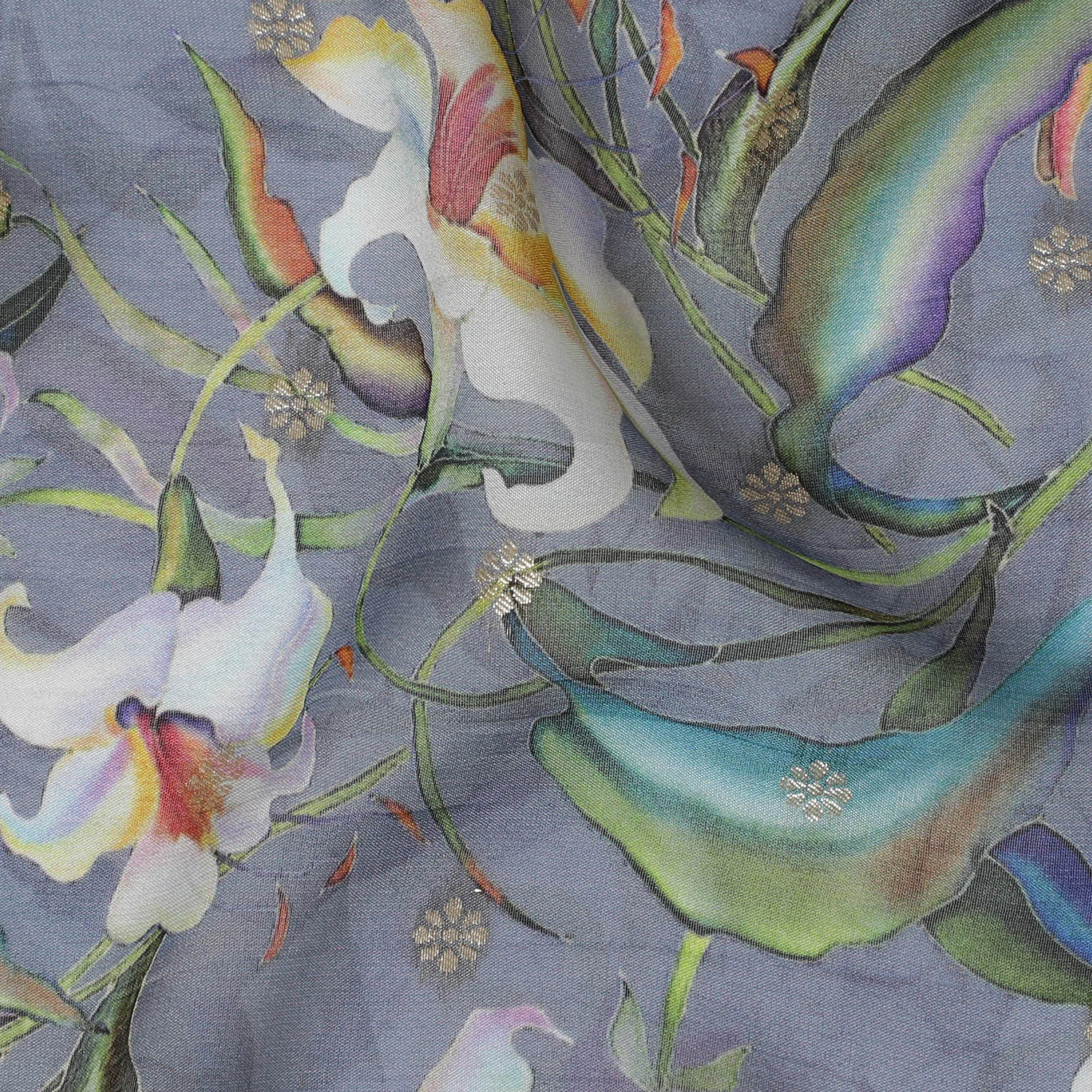 Elegant Slate Grey Synthetic Organza Fabric with Multicolor Floral Design, 110 cm Width-D19703