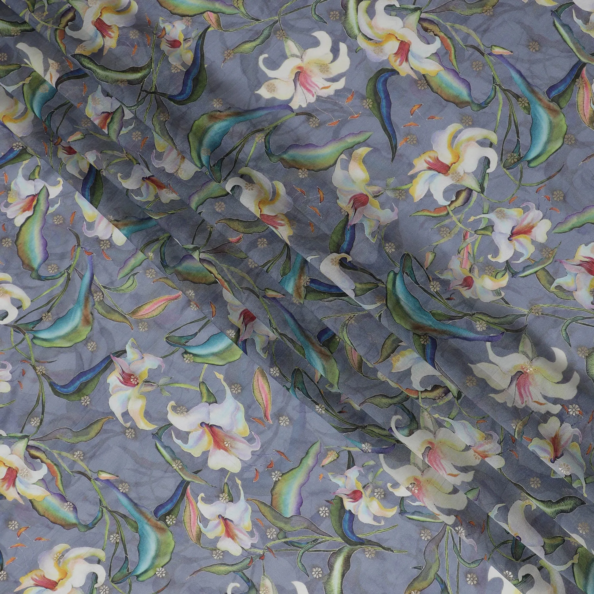 Elegant Slate Grey Synthetic Organza Fabric with Multicolor Floral Design, 110 cm Width-D19703